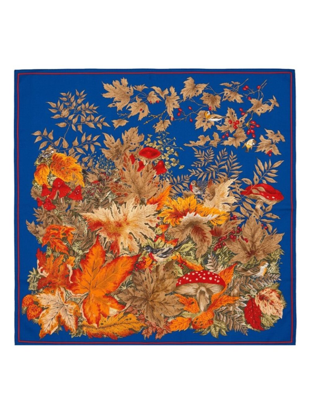 Autumn Woodland Silk Scarf 30" Square Blue Red Border Mushroom Bird Leaves